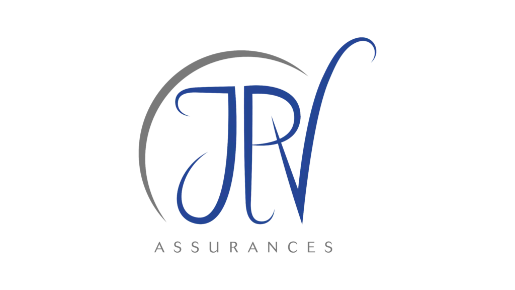 Logo officiel JPV Assurances avec lettres calligraphiées bleues et arc gris.