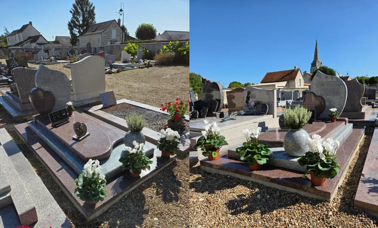Double sépulture familiale en granit exposée au cimetière sous un grand ciel bleu.